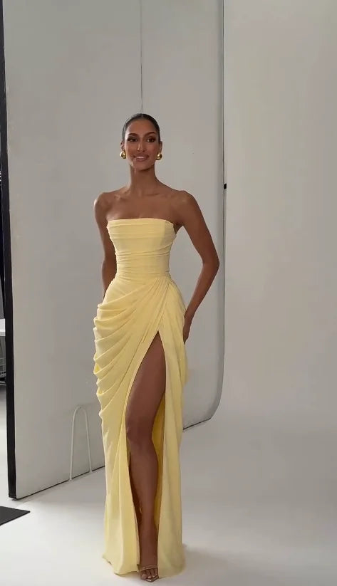 Elegant Yellow Strapless Pleated Dress Women Chic Sleeveless Waist Cinching Split Maxi Gowns 2026 Summer Lady Evening Party Robe