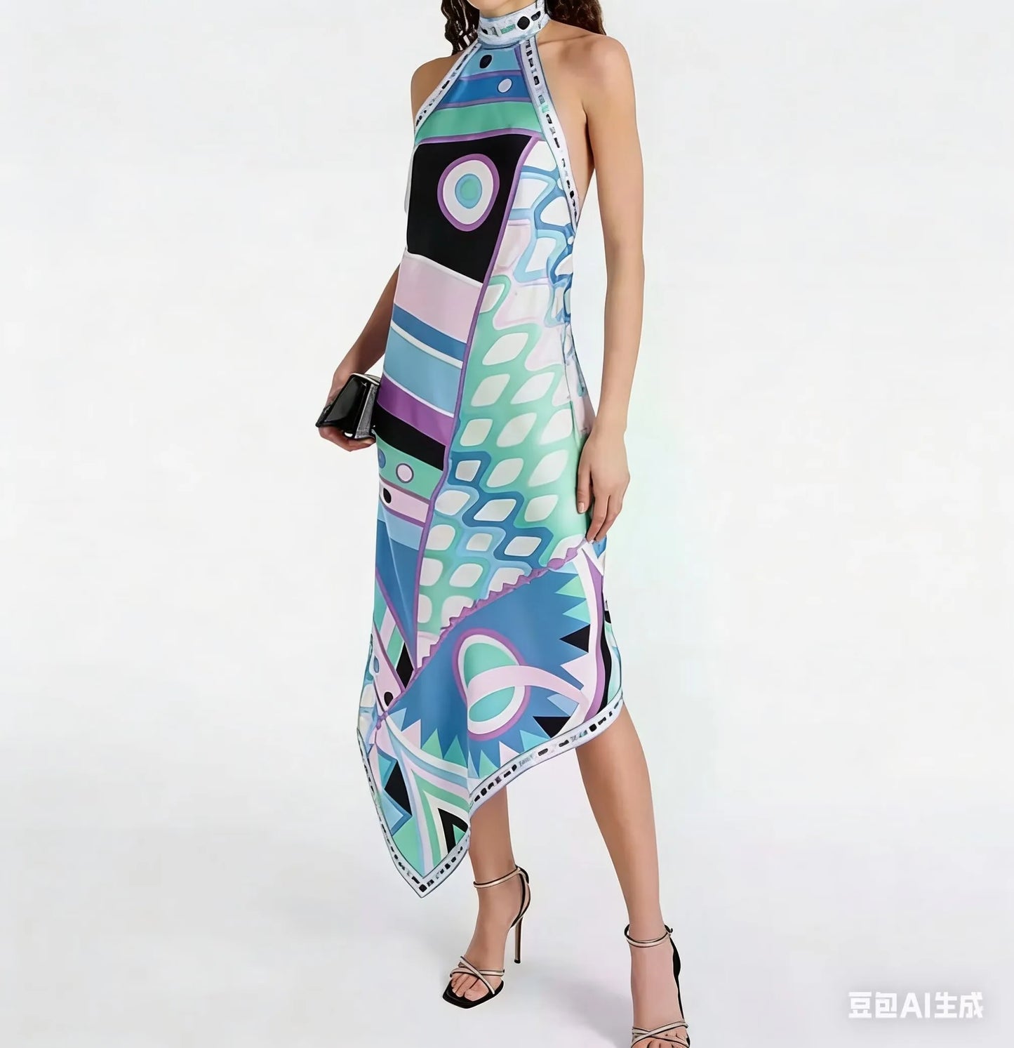 New Spring/Summer Women's Geometric Print Casual Halter Dress