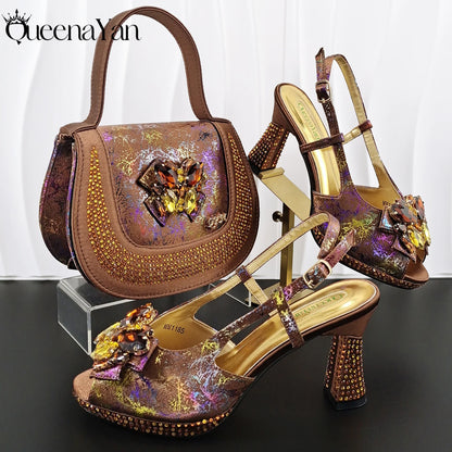 New Arrval Print and Colorful Rhinestone Design Lilac Color Party Wedding Shoes and Essential for Banquets, Exquisite HandBag