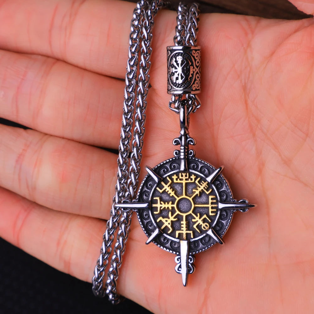 Vintage Vegvisir Viking Compass Pendant Necklace for Men Stainless Steel Fashion Nordic Amulet Beaded Necklace Jewelry Wholesale