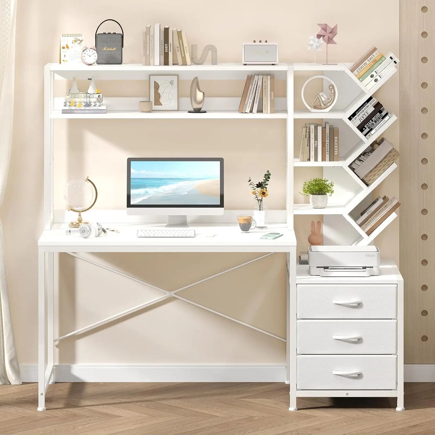 Computer Desk with Hutch, Home Office Desk with Drawers and Bookshelf, 52'' Study Writing Desk with Storage Shelves