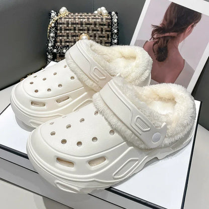 Plush slippers 2025 new winter men's and women's thick high heels soft-soled beach garden shoes home plush ripped slippers