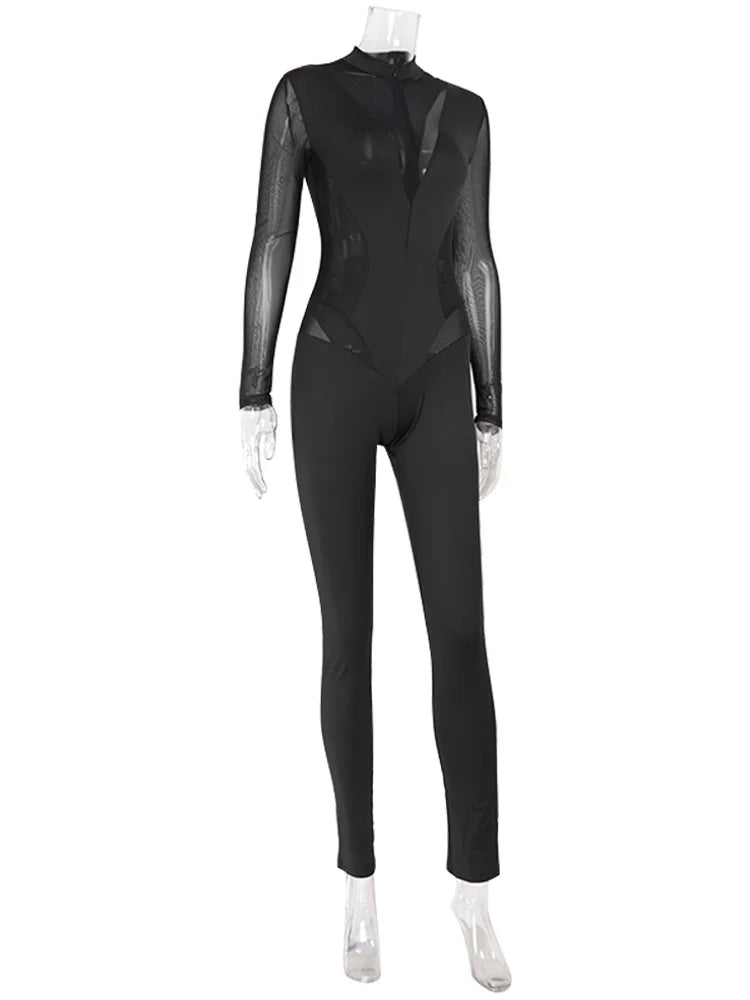 Ahagaga Sexy Club Women's Mesh Jumpsuits Patchwork Solid Regular Long Sleeves Sheath Skinny Sheer Turtleneck Casual Streetwear
