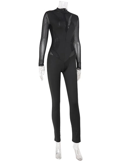 Ahagaga Sexy Club Women's Mesh Jumpsuits Patchwork Solid Regular Long Sleeves Sheath Skinny Sheer Turtleneck Casual Streetwear