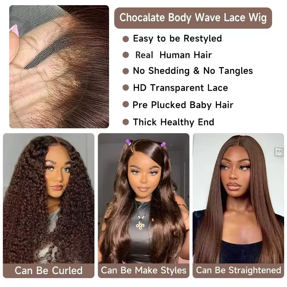 Chocolate Brown Body Wave Human Hair Wigs 13X4 HD Lace Frontal Wigs For Women Colored Brazilian Wet And Wavy Lace Front Wigs