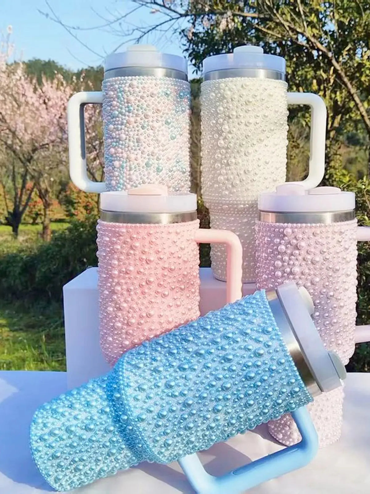 40oz Stainless Steel Vacuum Insulated Tumbler with Rhinestone Handle - Glittery Rhinestone Design
