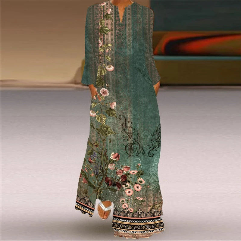 2024 European and American Cross border Women's New Dress V-neck Long sleeved Sexy Printed Large Pocket Foreign Trade Dress