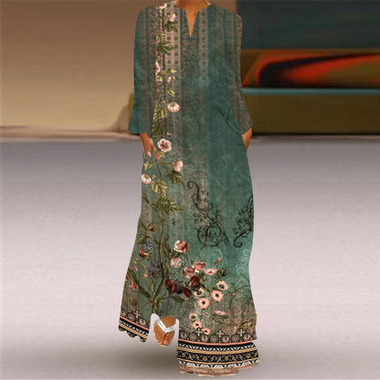 2024 European and American Cross border Women's New Dress V-neck Long sleeved Sexy Printed Large Pocket Foreign Trade Dress