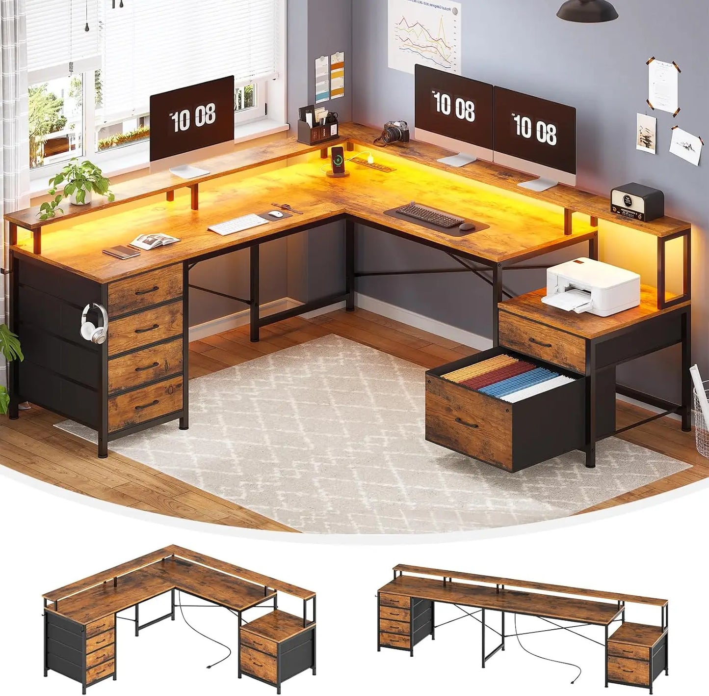108" L-Shaped Corner Desk with 6 Drawers, Power Outlet & LED Lights - Home Office Gaming Desk in Rustic Brown