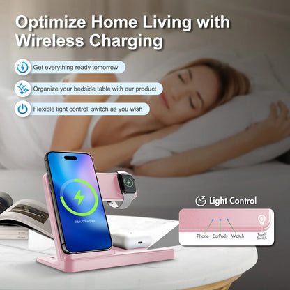 3 In 1 Magnetic Wireless Charger Stand 15W Fast Charging Dock Station Multiple Devices for iPhone 15 14 13 8 Apple Watch Airpods