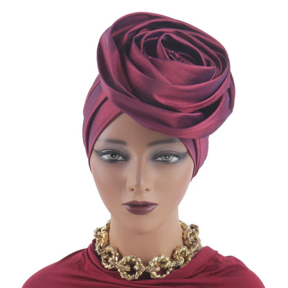 Raw Silk Big Rose Flower African Turban Caps for Women Headwear Head Wraps Nigerian Wedding Geles Party Headgear Bonnet