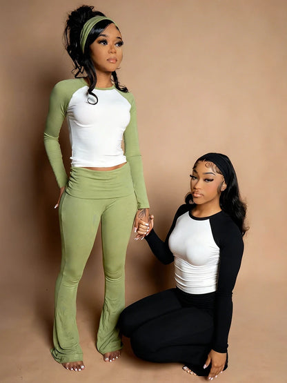 Nibber Christmas Party 2Piece Set Woman Contrast Patchwork o-Neck Full Sleeve Crop Tops+High Waist Long Pant Casual Fashion Suit