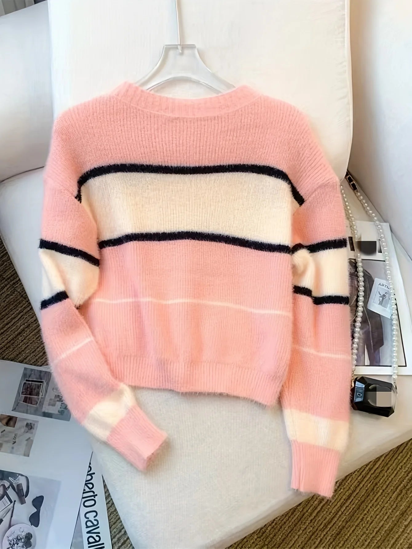 2026 New Winter Color Block Crew Neck Pullover Sweater,Crop Top Casual Long Sleeve Drop Shoulder Sweater Women's Clothing