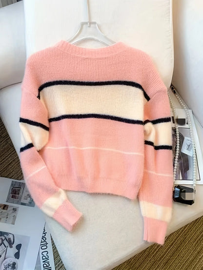 2026 New Winter Color Block Crew Neck Pullover Sweater,Crop Top Casual Long Sleeve Drop Shoulder Sweater Women's Clothing