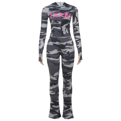 Weird Puss Letter Leopard Print 2 Piece Set Women Casual Zip Hooded Crop Jacke+Leggings Matching Stretch Sporty Street Outfits