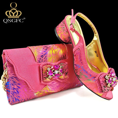QSGFC Italian Design Color Matching Rhinestone Comfortable High Heel Shoes And Bag Fashion Style Pointed-Toe Shoes For Women