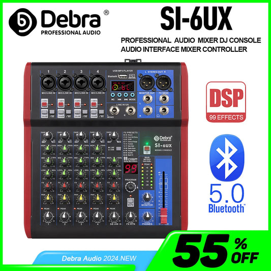 Debra Pro 6 Channel DJ Controlle With 99DSP Reverb Effect Bluetooth 5.0 USB Mixer USB For Karaoke PC Recording Condenser Mic