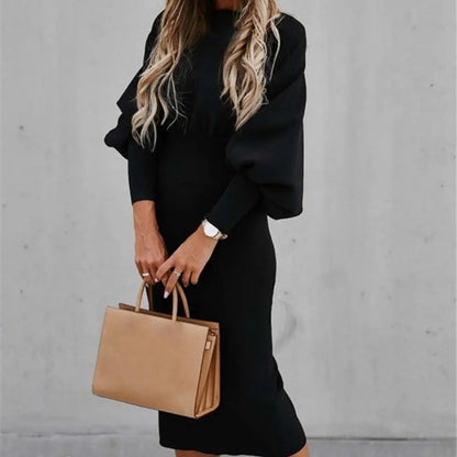 Women Autumn Dress Crew Neck Elegant Lantern Sleeve High Waist Women Bodycorn Dress Autumn Winter Office Ladies Midi Dress
