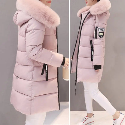 2025 Women Winter Cotton Coat Thickened Padded Stuffed Hooded Mid Length Warm Winter Coat Solid Color Slim Fit Lady Down Coat