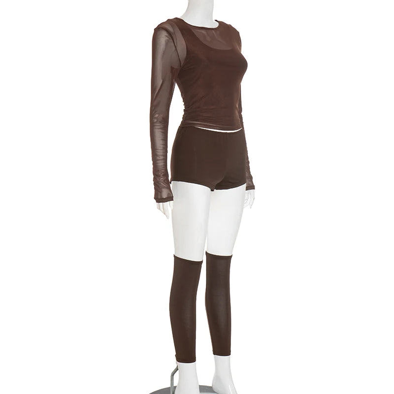 Sexy Casual 3 Piece Set Mesh Full Sleeve o-Neck Crop Tops+Shorts+Foot Cover Matching Autumn Trend Streetwear Outfits