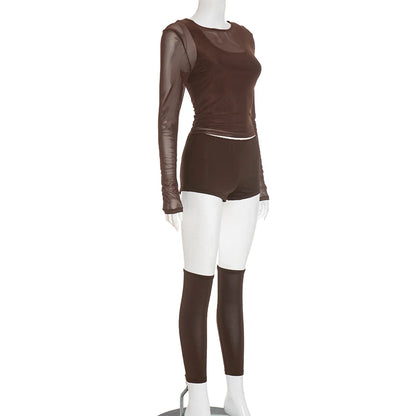 Sexy Casual 3 Piece Set Mesh Full Sleeve o-Neck Crop Tops+Shorts+Foot Cover Matching Autumn Trend Streetwear Outfits