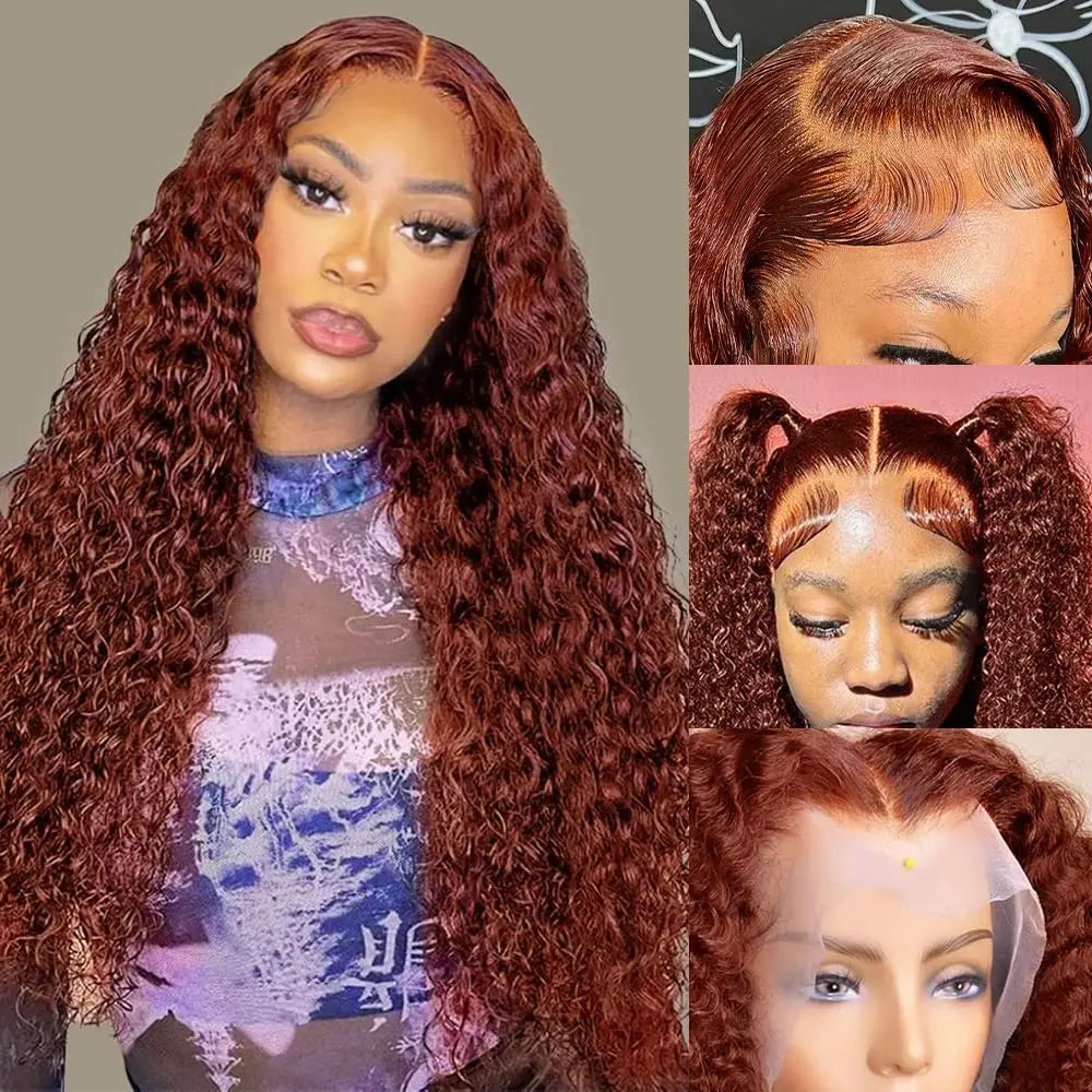 Reddish Brown Deep Curly Lace Frontal Wigs 13x4 13x6 Lace Frontal Human Hair Wigs Deep Wave Fall Colored Human Hair Lace Wigs