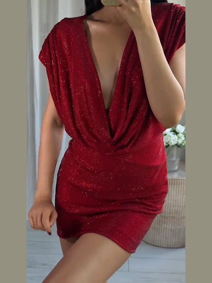 Chic Sequin V-neck Dress Women Sexy Sleeveless Pleated Waist-cinched Empire Dresses Elegant Party Spring New Lady Gown 2026