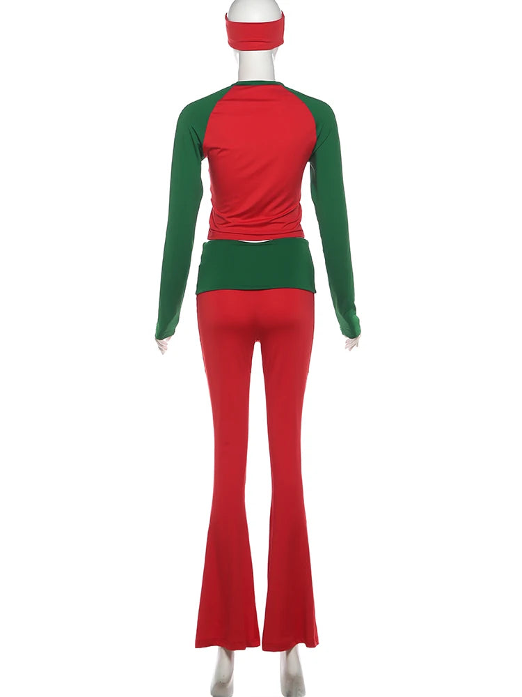 Nibber Christmas Party 2Piece Set Woman Contrast Patchwork o-Neck Full Sleeve Crop Tops+High Waist Long Pant Casual Fashion Suit