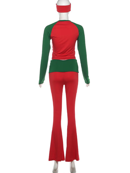 Nibber Christmas Party 2Piece Set Woman Contrast Patchwork o-Neck Full Sleeve Crop Tops+High Waist Long Pant Casual Fashion Suit