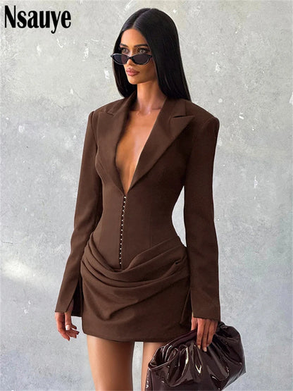 Nsauye Elegant Evening Short Dress Women Fall Long Sleeve Sexy Fashion Night Club Party White Mini Wrap Corset Dress 2025 Winter