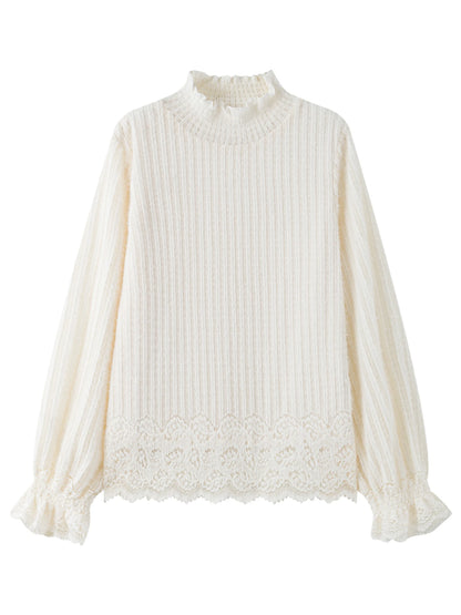 DUSHU Gentle Bottoming T-shirt Women 2025 Autumn and Winter Wear Pullovers Wear Fairy Lace Top Loose All-match Elegant Ladies