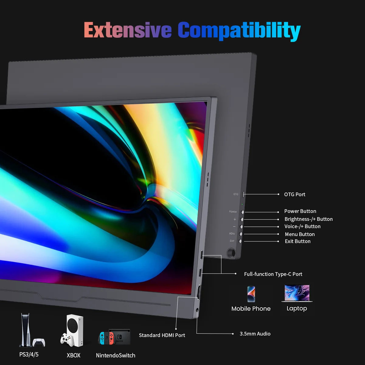 15.6 Inch 4K UHD IPS Monitor 3840x2160 | HDMI & USB-C Ports | Gaming/Office/Design Display for Xbox/PS5/PS4/Mac/PC