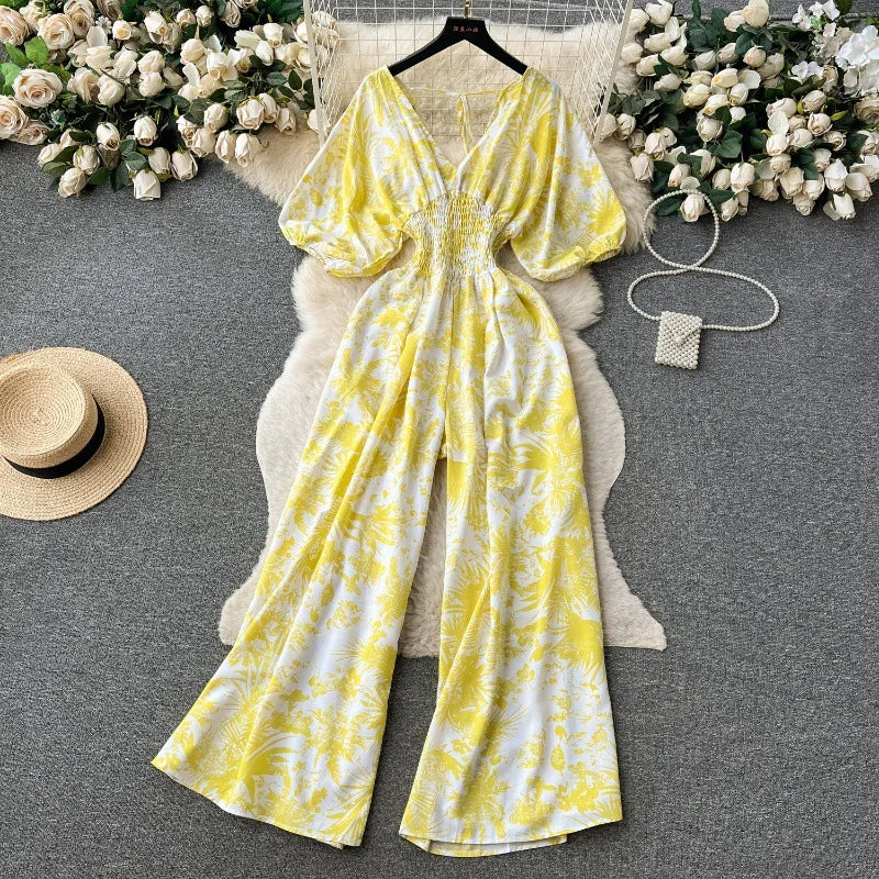 Women's Print Jumpsuit Casual V-neck Bubble Sleeve Backless Lace-Up Slimming Summer Beach Vacation Loose Wide Leg Jumpsuit