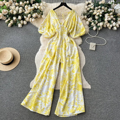 Women's Print Jumpsuit Casual V-neck Bubble Sleeve Backless Lace-Up Slimming Summer Beach Vacation Loose Wide Leg Jumpsuit