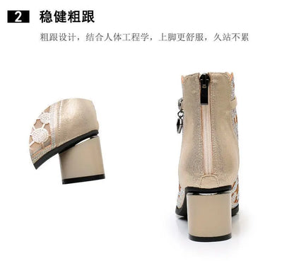 2026 Spring Summer Fashion Rhinestones Gauze Sandals Thick Heels Mesh Autumn Ankle Boots Female Hollow Women's Shoes