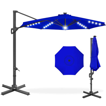 10ft Solar LED Cantilever Patio Umbrella, 360-Degree Rotation Hanging Offset Market Outdoor Sun Shade for Backyard,, Customized