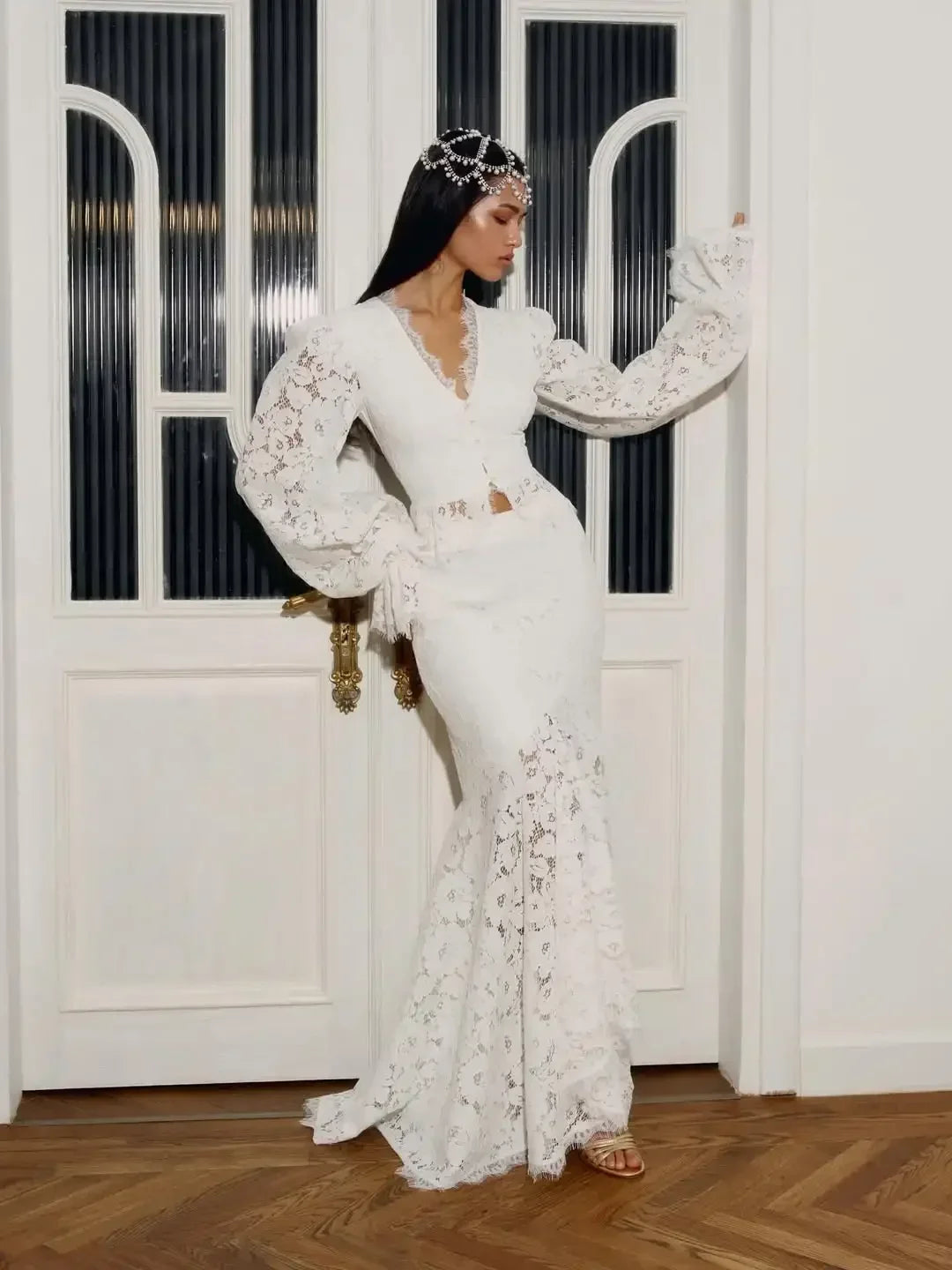 White Lace Patchwork Long Skirt Set Women Chic Full Flared Sleeves V-neck Slim Cropped Sets 2026 Lady Spring Evening Party Wear