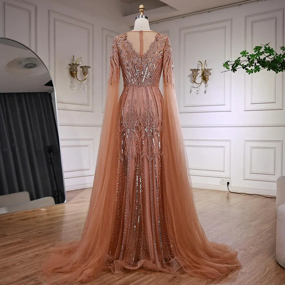 Luxury Elegant Rose Gold Beaded A Line Evening Dress with Cape Sleeves for Formal Party Serene Hill 2026 Customized CLA73056