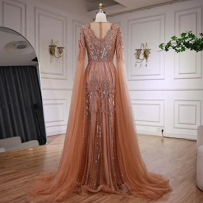 Luxury Elegant Rose Gold Beaded A Line Evening Dress with Cape Sleeves for Formal Party Serene Hill 2026 Customized CLA73056
