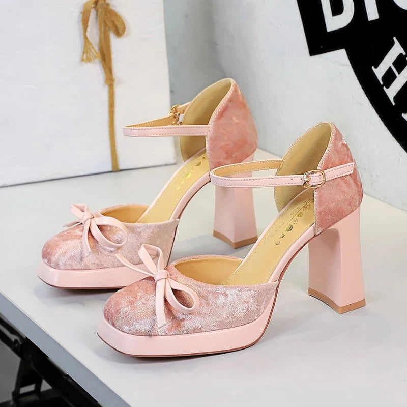 Velvet Platform Ankle Strap High Heels With Bow Block Heel Party Prom Evening Formal Comfortable Thick Heel Closed Toe Sandals