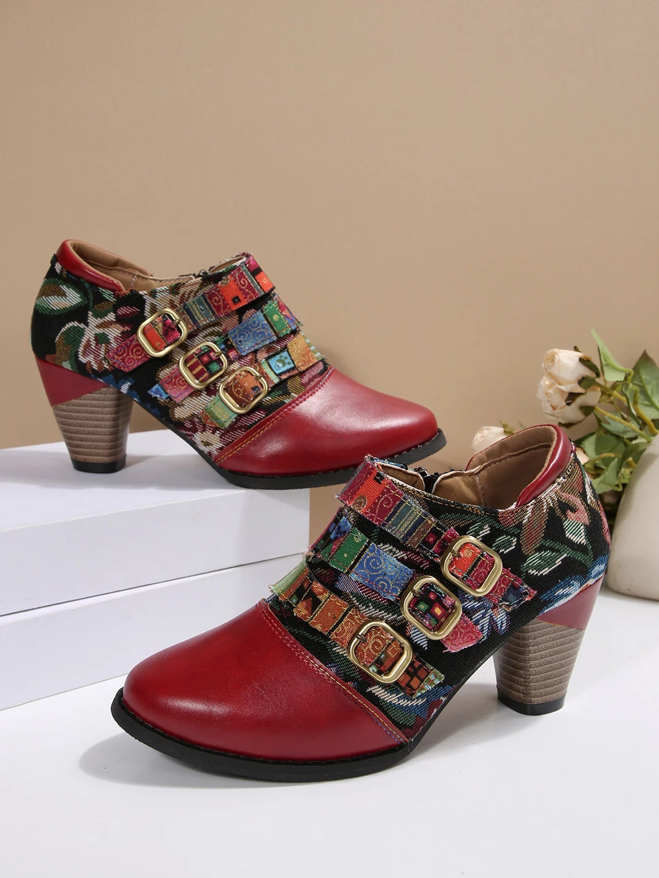 Women's Spring & Fall Short Boots, Bohemian Fashion Splicing Retro Short Boots, Casual Printed Western Leather Boots, Side Zippers, Suitable for Daily Commuting, Vacation, Parties
