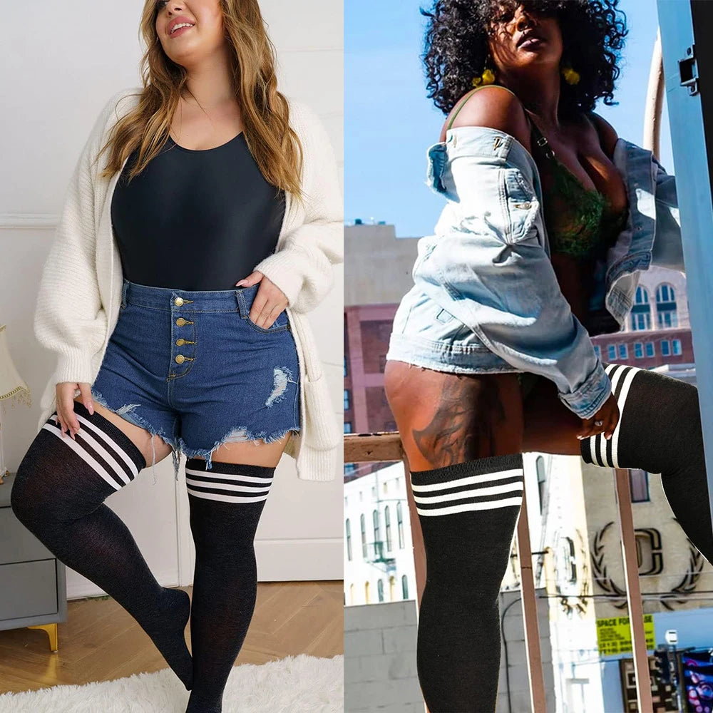TRALOW  Plus Size Thigh High Socks Extra Large Stripe Over Knee High Stockings for Women Comfortable and Warm For Cosplay Yoga