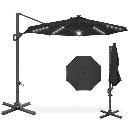 10ft Solar LED Cantilever Patio Umbrella, 360-Degree Rotation Hanging Offset Market Outdoor Sun Shade for Backyard,, Customized