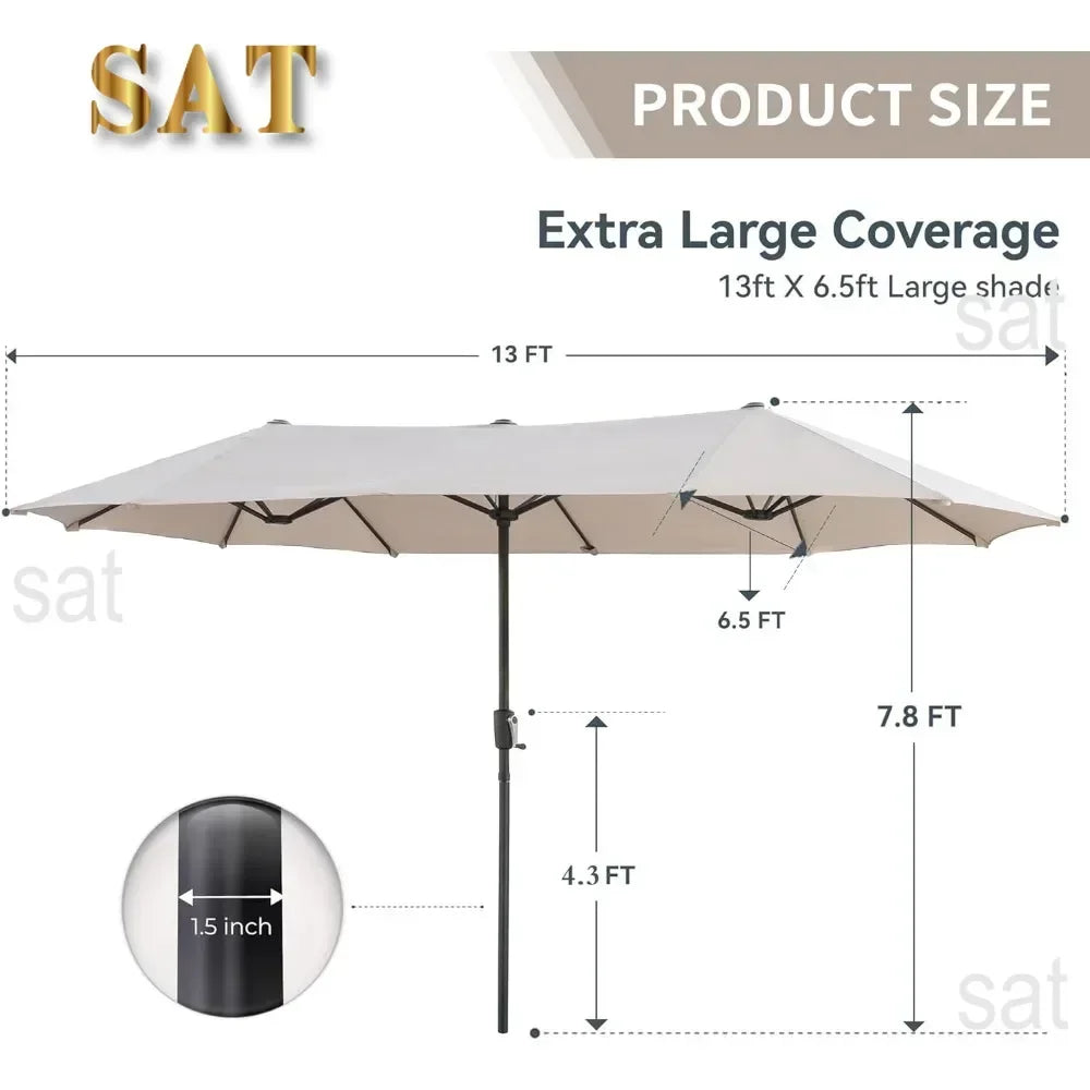 # l 13 foot large terrace umbrella, outdoor double-sided rectangular market umbrella with 12 ribs for UV protection, with a cran