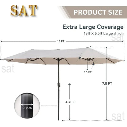 # l 13 foot large terrace umbrella, outdoor double-sided rectangular market umbrella with 12 ribs for UV protection, with a cran