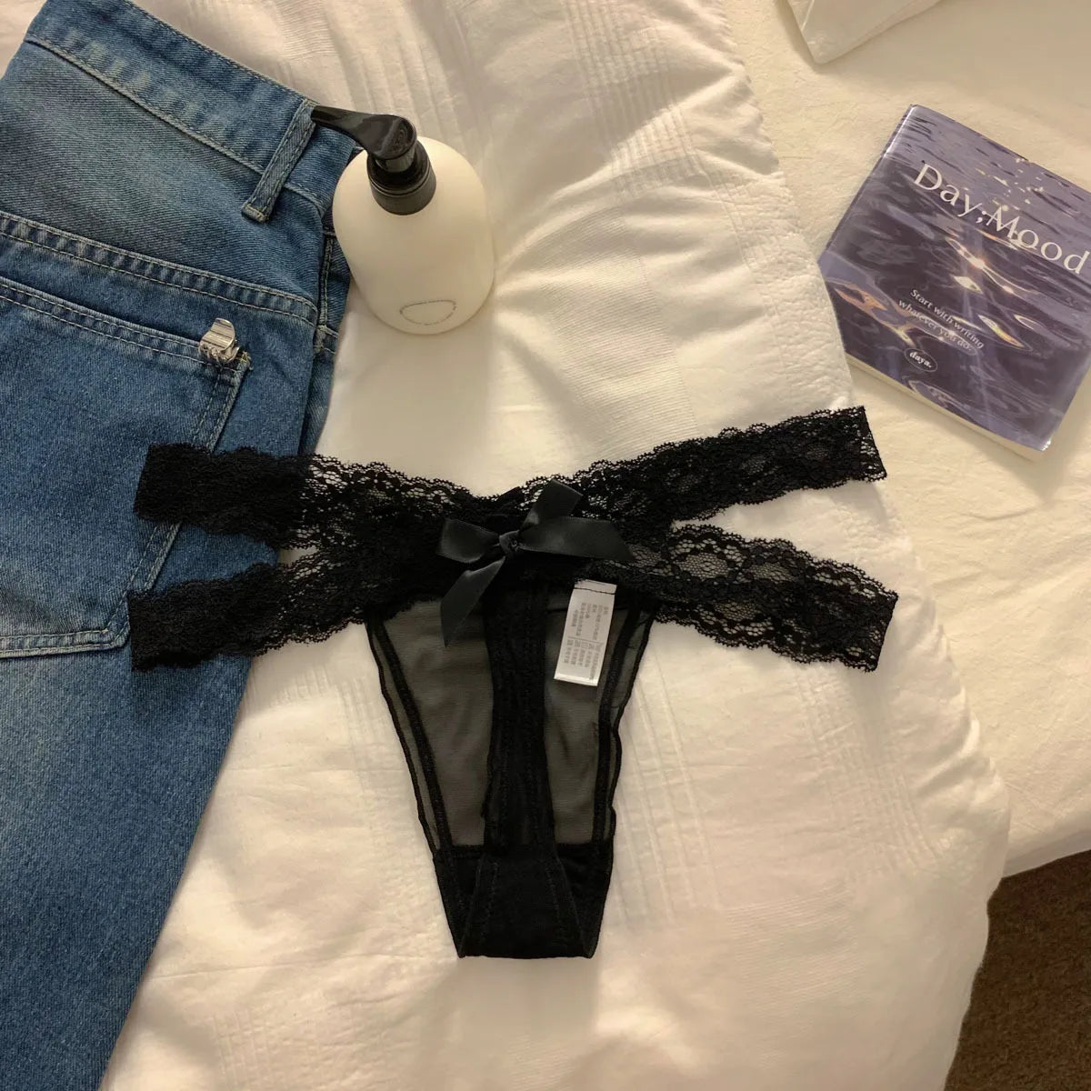 Women's thong  Lace Low Waist G-String Women Panties Mesh Bow Female Ladies Briefs Breathable Underwears Intimates Lace border o