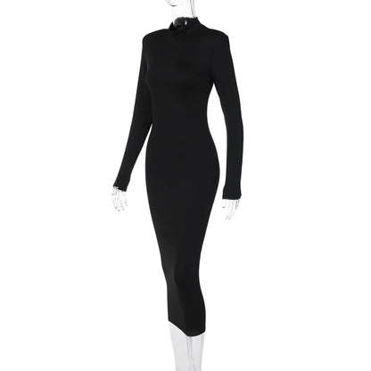 Hugcitar Women Fashion Turtleneck Long Sleeves Black Sexy Bodycon Maxi Prom Dress Fall Casual Clothes Streetwear Party Festival