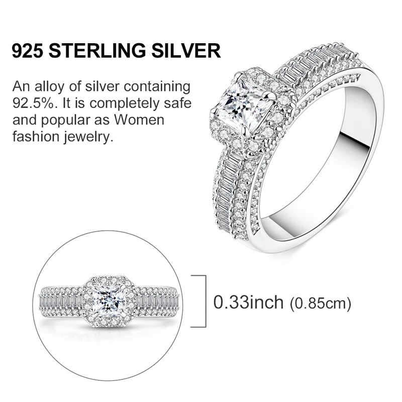Original 925 Sterling Silver Sparkling Princess Full Pave Diamond Ring For Women Girls Jewelry Birthday Anniversary Gifts