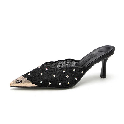 Luxury Rhinestones Mesh Lace Women Pumps Sandals Summer Elegant Pointed Toe 8cm Thin High Heels Mulse Sides  Fashion Party Shoes