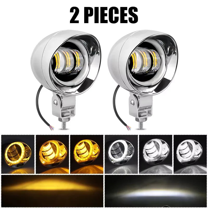 Motorcycle LED Spot Driving Light Dual Color Headlight Auxiliary Spotlight Lamp ATV Scooter Moto Fog Light for Honda Kawasaki
